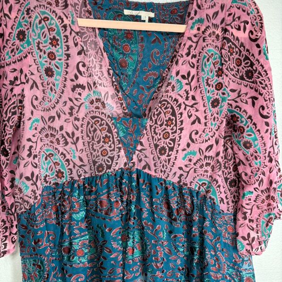 Anthropologie Floreat Valo Velvet Burnout Boho Silk Blend Teal Pink Top S - Picture 2 of 12